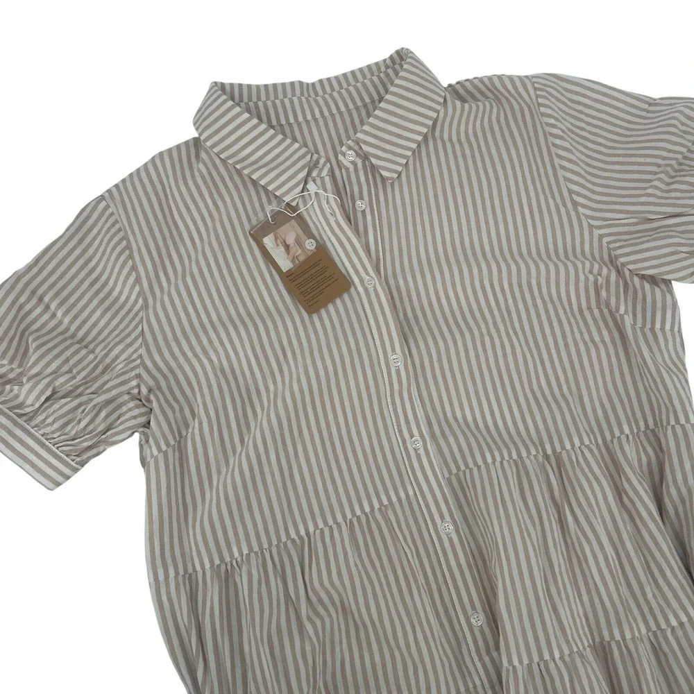 Utcoco Tan White Striped Shirt Dress Cotton Tiered Midi Short Sleeve XL NWT - Picture 3 of 5